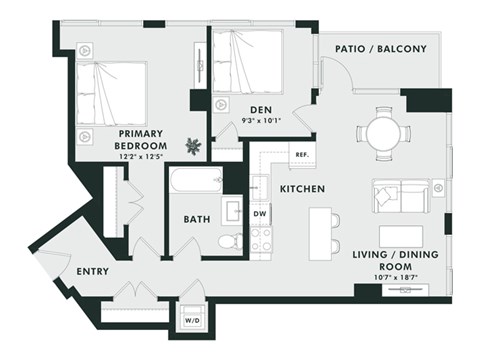 Floor plan for 1 bed, 1 bath, 874 sqft